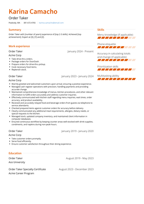Order Taker Resume Sample and Template