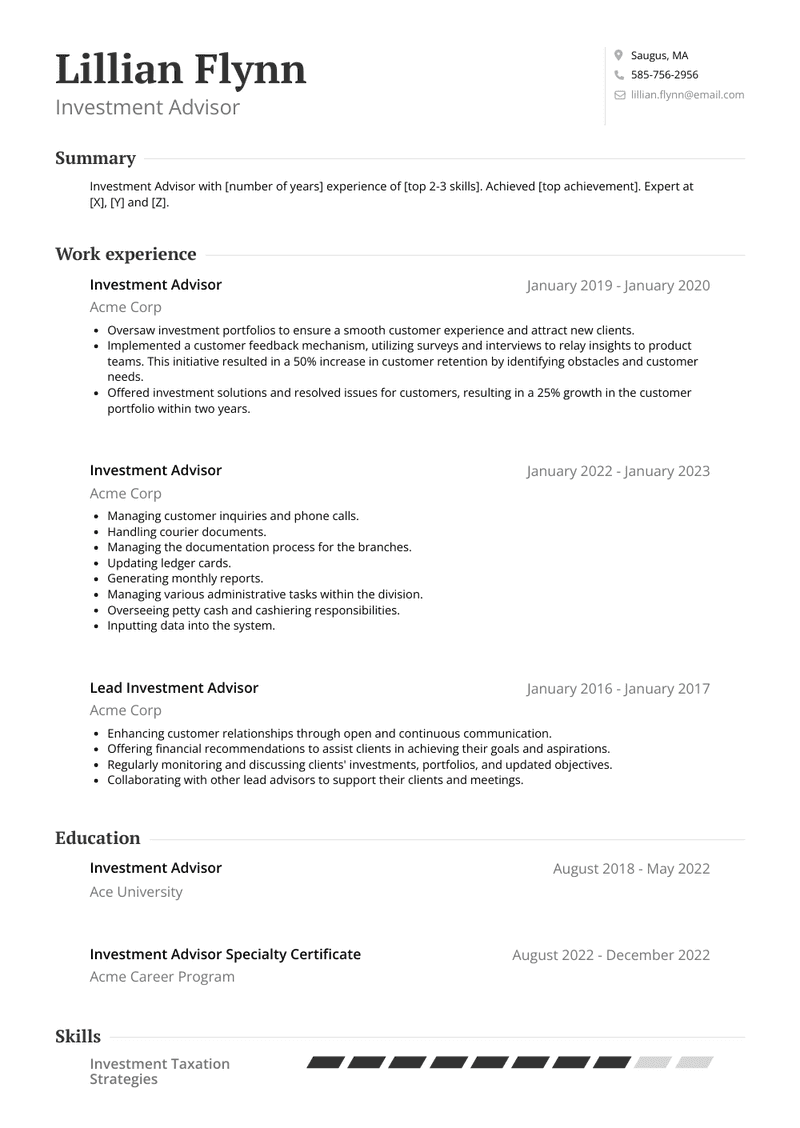 Investment Advisor Resume Sample and Template