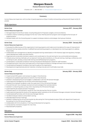 Human Resources Supervisor Resume Sample and Template