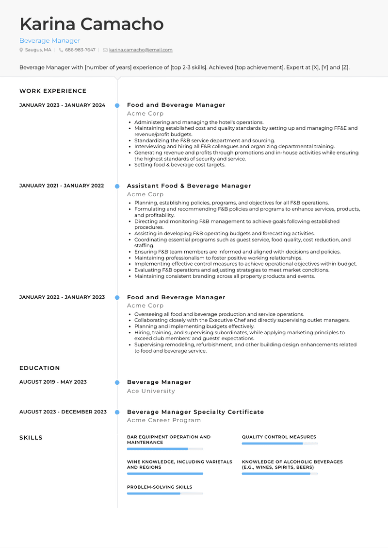 Beverage Manager Resume Sample and Template