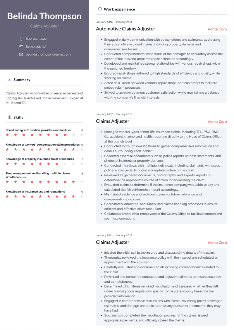 Claims Adjuster Resume Sample and Template