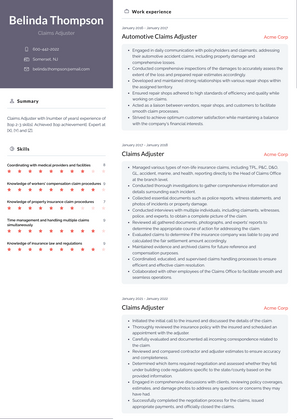 Claims Adjuster Resume Sample and Template
