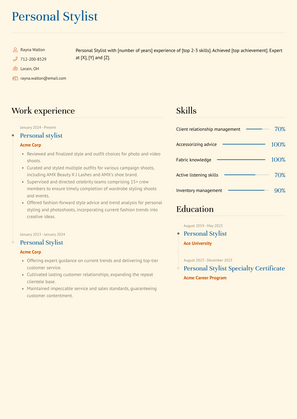 Personal Stylist Resume Sample and Template
