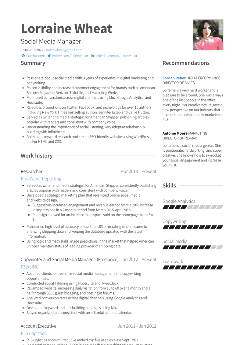 Copywriter And Social Media Manager  (Freelance) Resume Sample and Template
