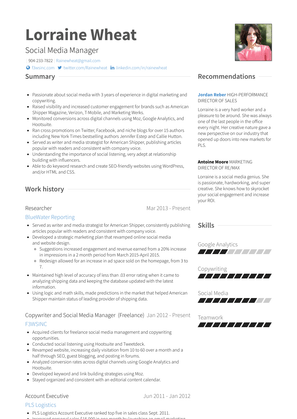 Copywriter And Social Media Manager  (Freelance) Resume Sample and Template