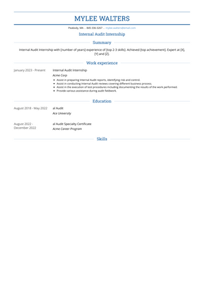 Internal Audit Internship Resume Sample and Template