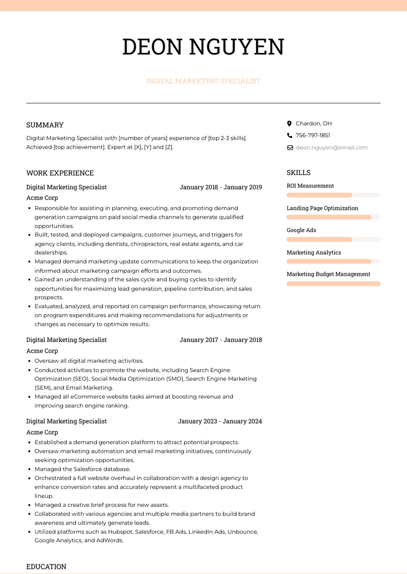 Digital Marketing Specialist Resume Sample and Template