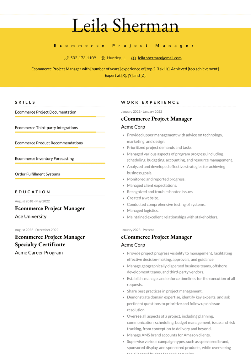 Ecommerce Project Manager Resume Sample and Template