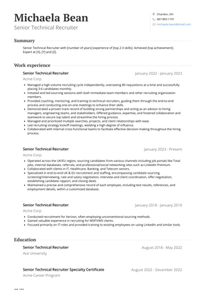 Senior Technical Recruiter Resume Sample and Template