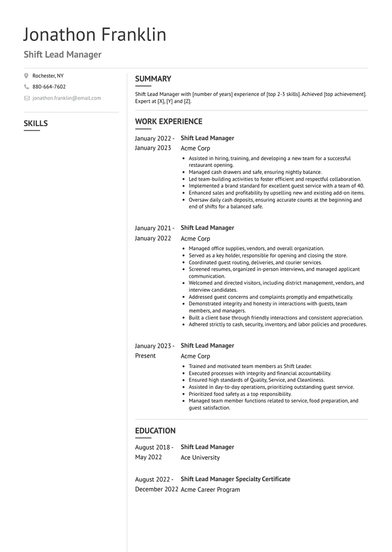 Shift Lead Manager Resume Sample and Template