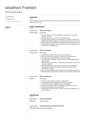 Shift Lead Manager Resume Sample and Template