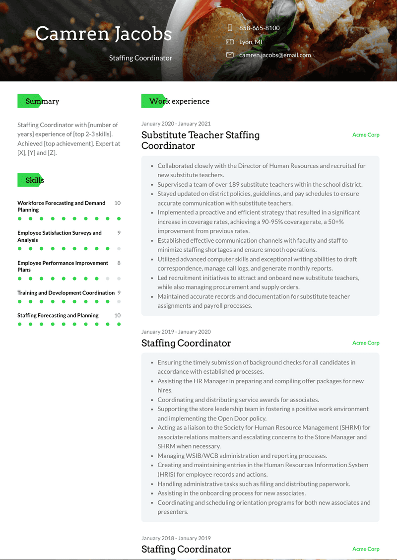 Staffing Coordinator Resume Sample and Template