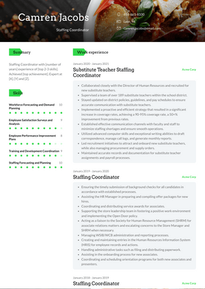 Staffing Coordinator Resume Sample and Template