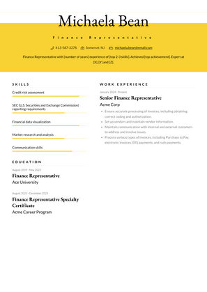 Finance Representative Resume Sample and Template