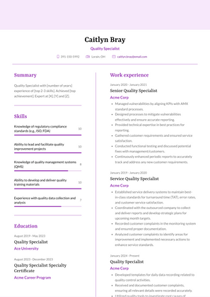 Quality Specialist Resume Sample and Template
