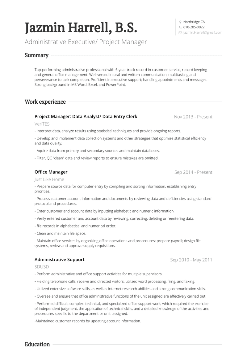 Project Manager: Data Analyst/ Data Entry Clerk Resume Sample and Template