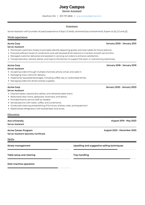 Server Assistant Resume Sample and Template