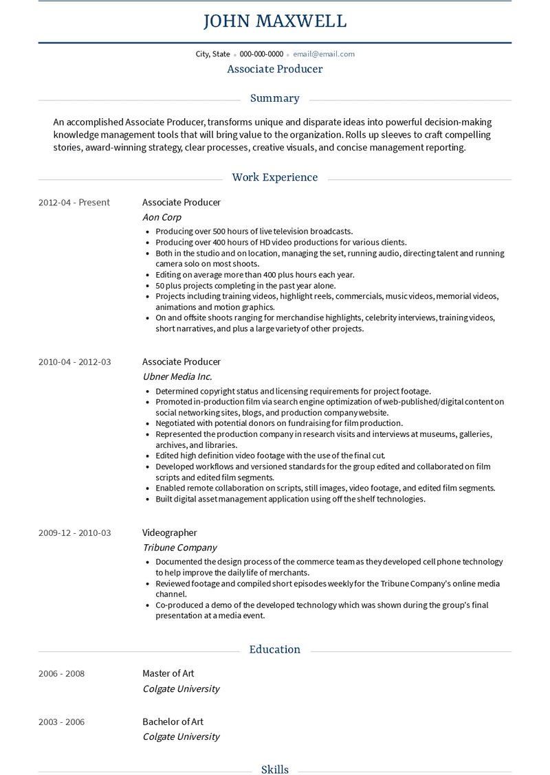 Associate Producer Resume Sample and Template
