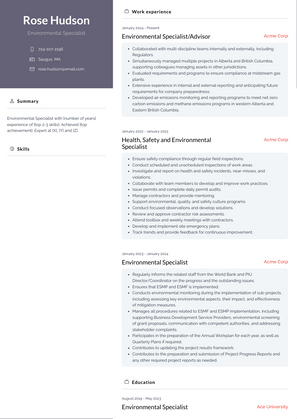 Environmental Specialist Resume Sample and Template
