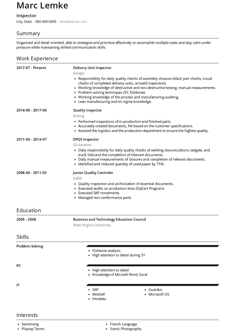 Inspector Resume Sample and Template