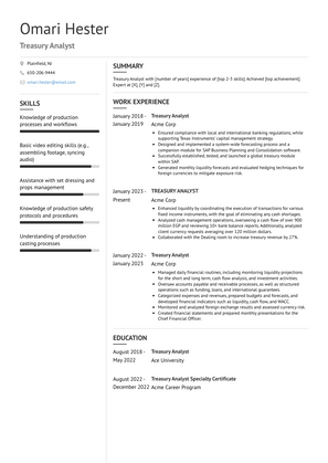 Treasury Analyst Resume Sample and Template