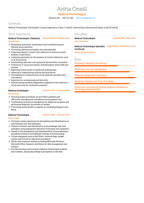 Medical Technologist Resume Sample and Template