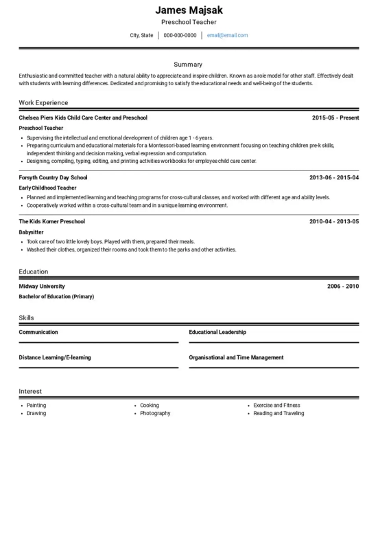 Preschool Teacher Resume Objective Examples