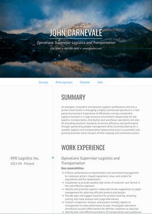 Operations Supervisor, Logistics and Transportation Resume Sample and Template