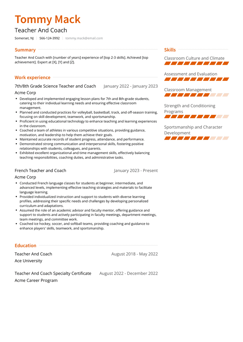 Teacher And Coach Resume Sample and Template