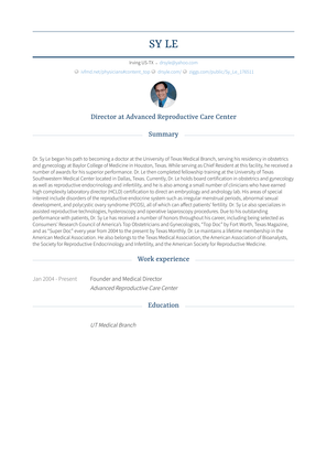 Founder And Medical Director Resume Sample and Template