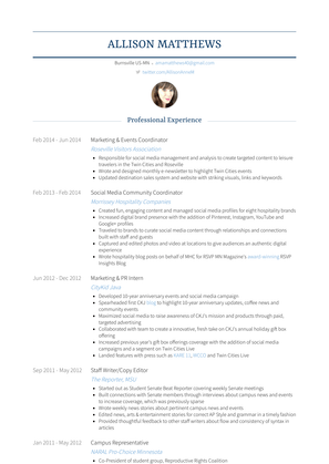 Marketing & Events Coordinator Resume Sample and Template