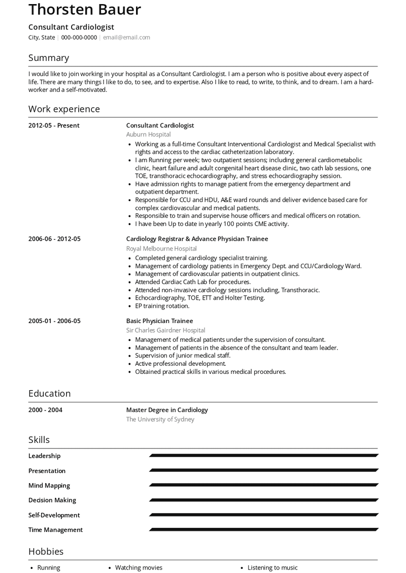 Consultant Cardiologist Resume Sample and Template