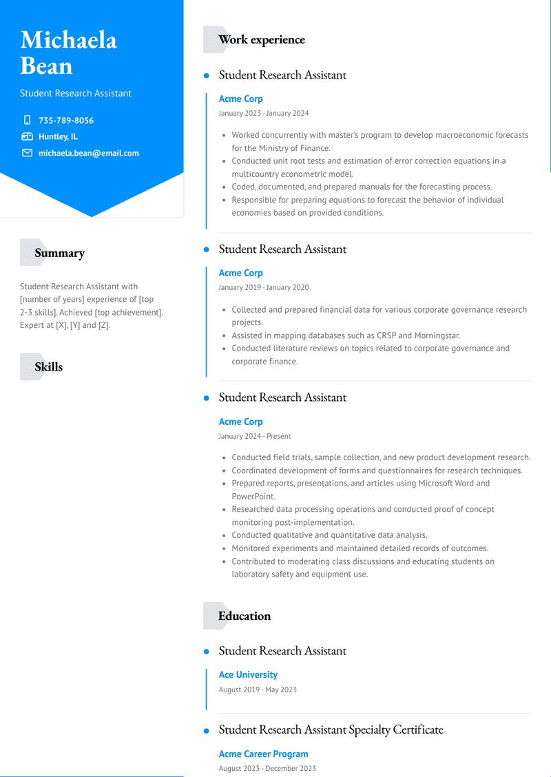 Student Research Assistant Resume Sample and Template