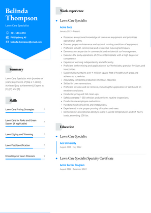 Lawn Care Specialist Resume Sample and Template