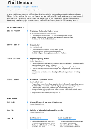 Mechanical Engineering Student Intern Resume Sample and Template