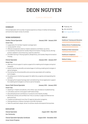 Clinical Specialist Resume Sample and Template