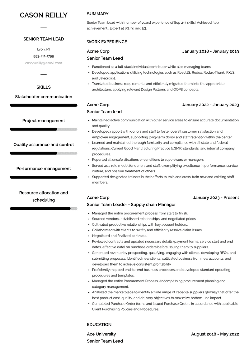 Senior Team Lead Resume Sample and Template