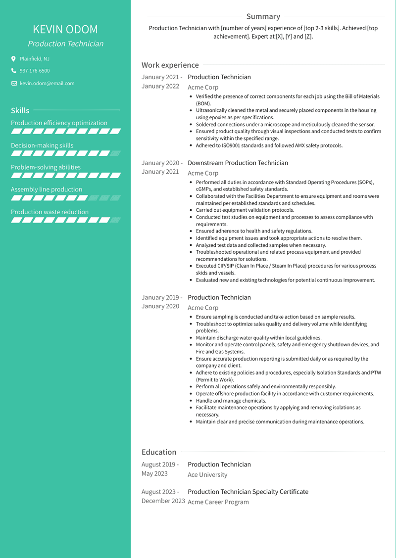 Production Technician Resume Sample and Template