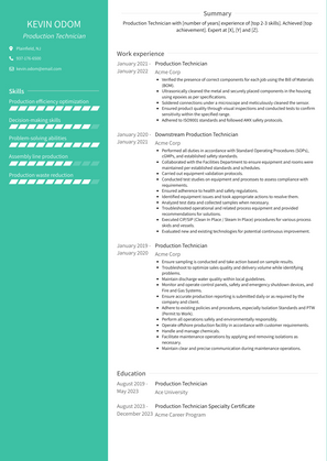 Production Technician Resume Sample and Template