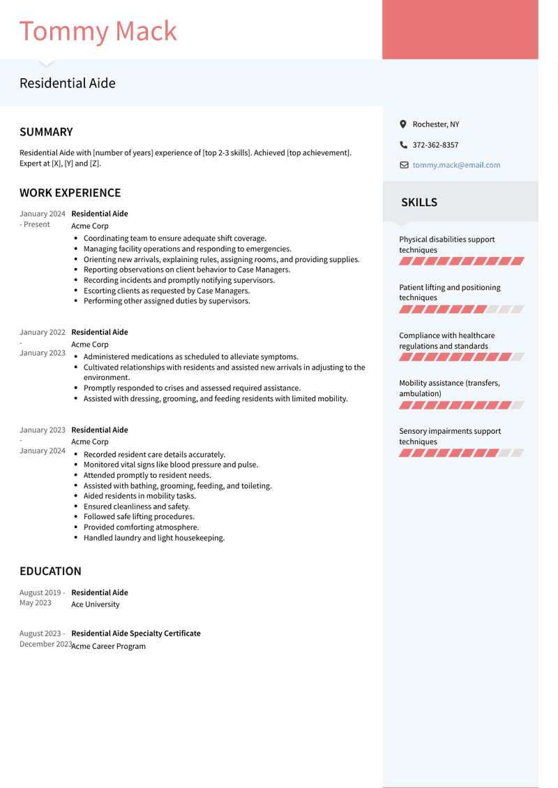 Residential Aide Resume Sample and Template