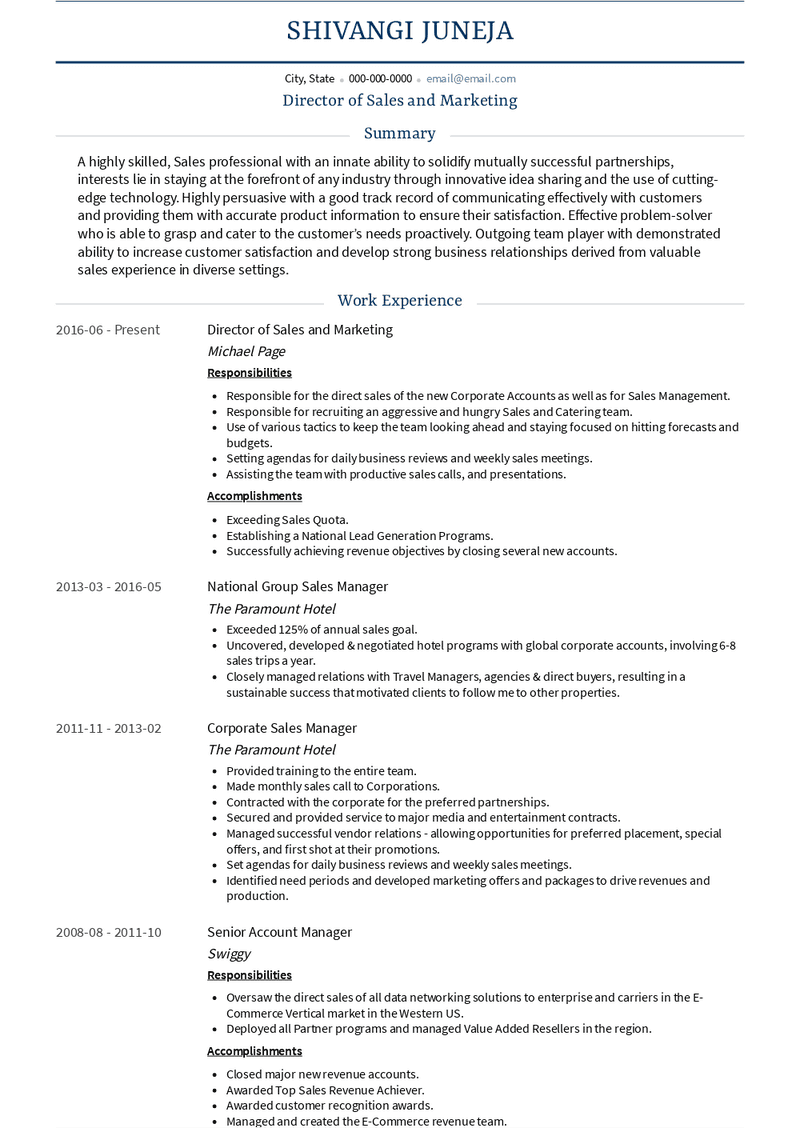 Director of Sales and Marketing Resume Sample and Template