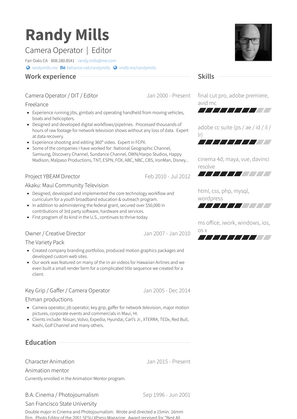 Camera Operator / Dit / Editor Resume Sample and Template