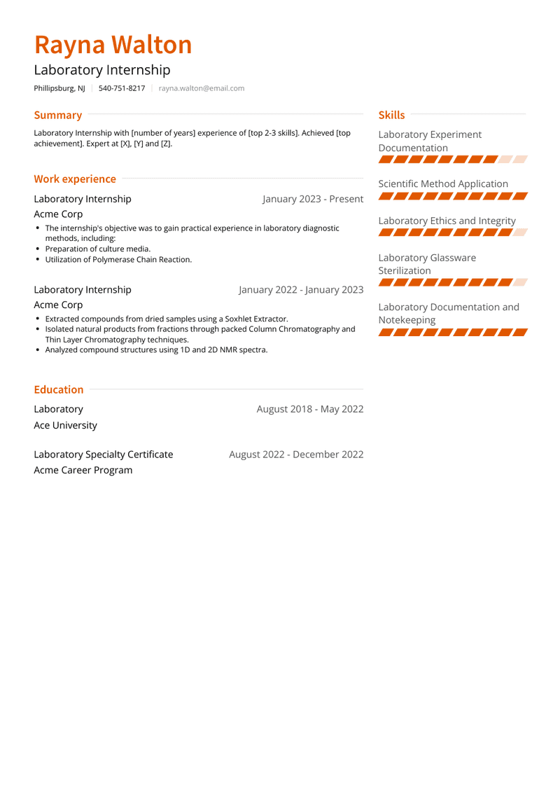 Laboratory Internship Resume Sample and Template