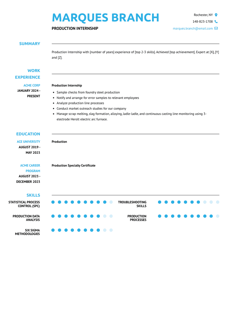 Production Internship Resume Sample and Template