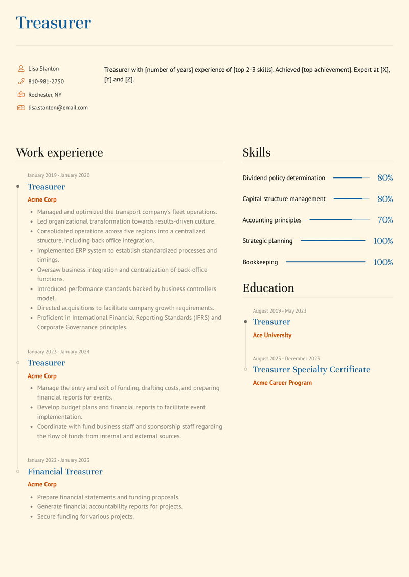 Treasurer Resume Sample and Template