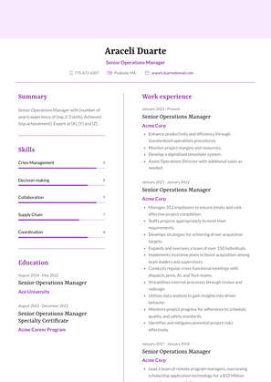 Senior Operations Manager Resume Sample and Template