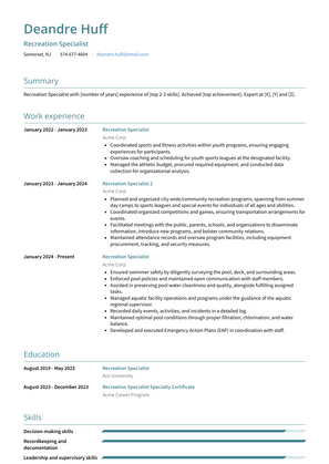 Recreation Specialist Resume Sample and Template