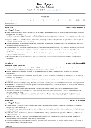 Low Voltage Technician Resume Sample and Template