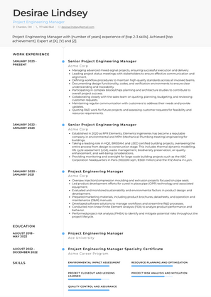 Project Engineering Manager Resume Sample and Template