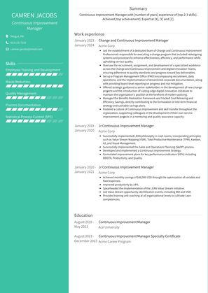 Continuous Improvement Manager Resume Sample and Template